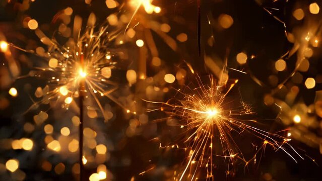 slow motion video of sparklers illuminating with golden glow on black, ideal for festive events and celebration backgrounds