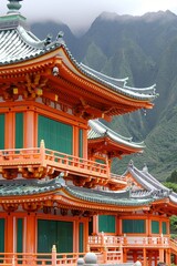 Fototapeta premium Tranquil ancient japanese temple nestled in misty mountains, a serene fantasy setting