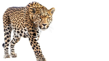 Obraz premium spotted hunter creature big cat endangered species panthera pardus animal themes isolated on white safari animal indoors one animal remastered white background wild predator nature : Generative AI
