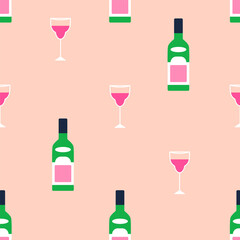 Wine bottles and glasses, seamless pattern. Endless background, alcohol drink in wineglasses. Repeating print for bar, restaurant, winery. Flat vector illustration for fabric, textile, wrapping design