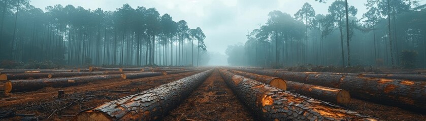Deforestation Scene with Fallen Trees in Foggy Forest