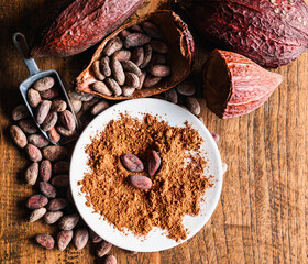 Top view of Natural cocoa powder with brown cocoa beans and dry cacao pod  on a vintage wooden table.