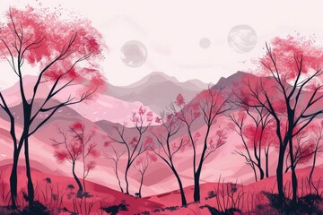 Pink Peaks and Forest Greens: A Harmonious Landscape