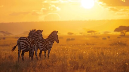 Obraz premium Group of zebras in the African savanna at sunset Serengeti National Park Tanzania Africa : Generative AI