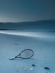 Raquette de tennis sur une plage de sable blanc, à la tombée de la nuit