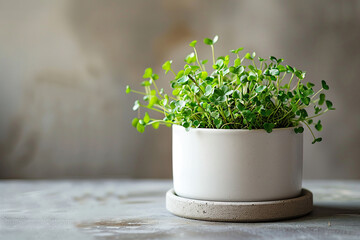 White pot with microgreens on a marble surface. Generated by artificial intelligence