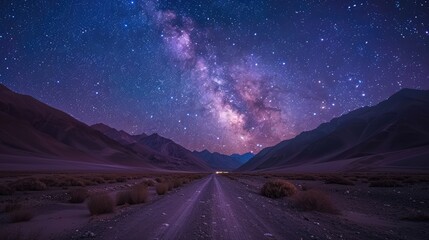 The beauty of the night sky with stars and a road in the middle of mountains