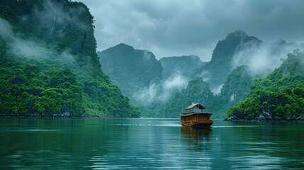 The boat is sailing on the river in the middle of the mountains