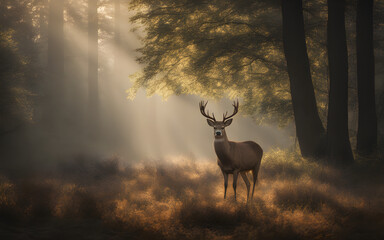 Calm deer in a misty forest, early morning light filtering through the trees. Quiet, serene, and natural