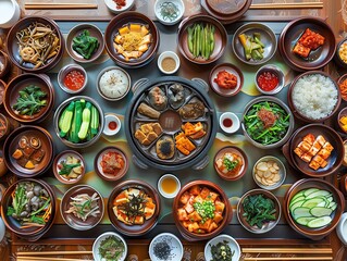 Korean royal cuisine set with sinseollo, colorful jeon, and garnished jangjorim on a lacquered table