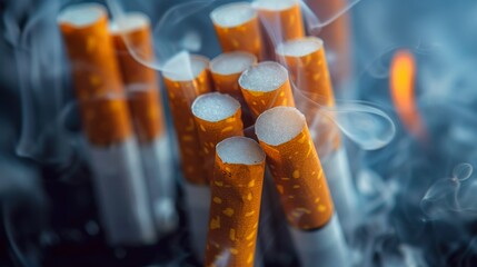 Macro shot of a group of cigarettes with orange filters surrounded by swirling smoke, emphasizing the concept of smoking.