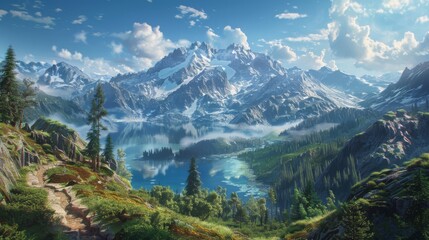 Mountains, lake, forest and sky. View of nature.