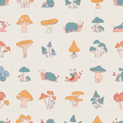 a seamless pattern featuring various species of mushrooms and fungi, paired with wood