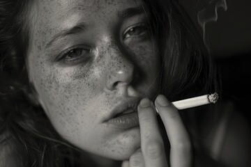 Obraz premium Sad Gaze of a Smoking Woman Looking at the Camera Generative AI