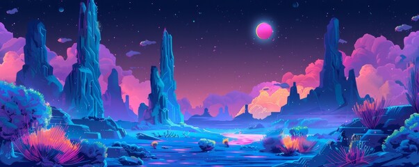 An alien landscape where strange creatures roam amidst towering rock formations and glowing flora.   illustration.