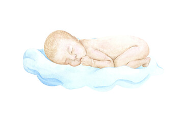 Fototapeta premium Cute little baby sleeping on a blue cloud; watercolor hand drawn illustration; can be used for baby shower, birthday; with white isolated background flowers, stars, balls.