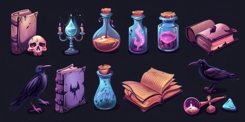 Wizard game icon with magic book ui set. Fantasy medieval halloween object with element for witchcraft. Alchemy potion bottle, skull, hourglass, raven and wand mystery asset design for hallowen app
