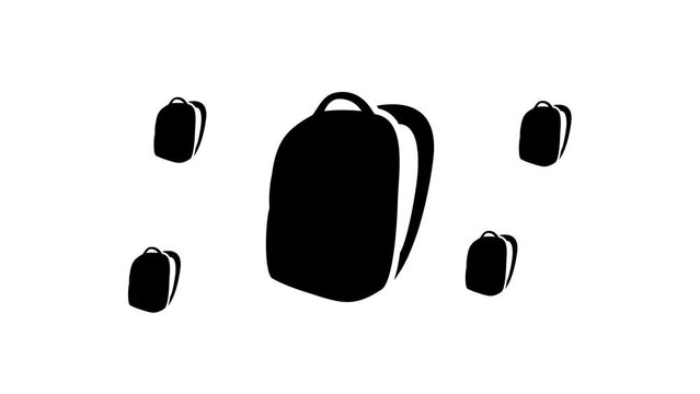 Zoom in and out animation the school bag symbol. Large black symbol in the center and four small symbols around. Seamless looped 4k animation on white background