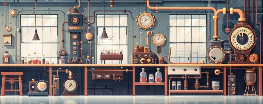 A steampunk laboratory filled with brass gadgets, whirring machinery, and bubbling vials, where inventors work tirelessly on their latest creations.   illustration.