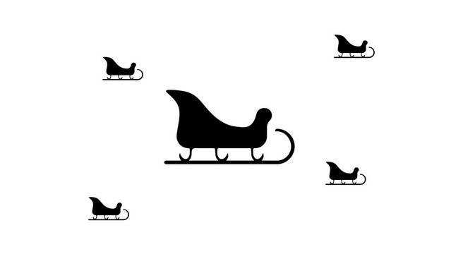 Zoom in and out animation the sleigh symbol. Large black symbol in the center and four small symbols around. Seamless looped 4k animation on white background