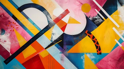 A painting with bright colors and geometric shapes.