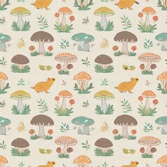 a seamless pattern featuring various species of mushrooms and fungi, paired with wood