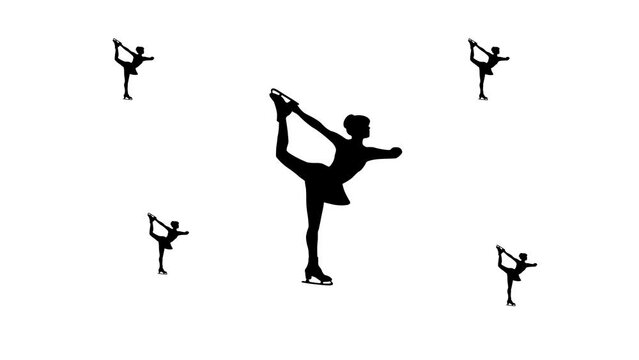 Zoom in and out animation the figure skating symbol. Large black symbol in the center and four small symbols around. Seamless looped 4k animation on white background