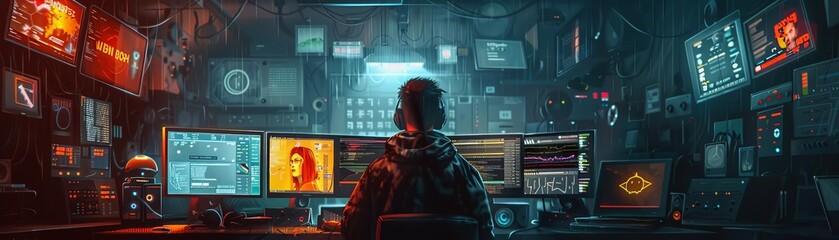 Obraz premium A moody, atmospheric oil painting of an influencer narrating the dark webs dangers from a shadowy, underground studio