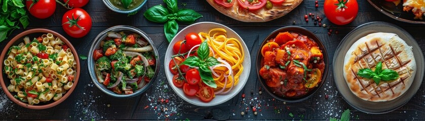 A variety of delicious and healthy Mediterranean dishes are on the table. There are vegetables, pasta, and fish. The food is colorful and looks delicious.