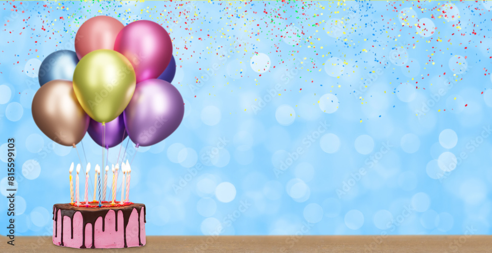 Poster birthday cake with bunch of colorful balloons on blurred blue or green background. empty space for t