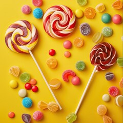 Candy Month Concept Colorful Candies Yellow Background Lollipops