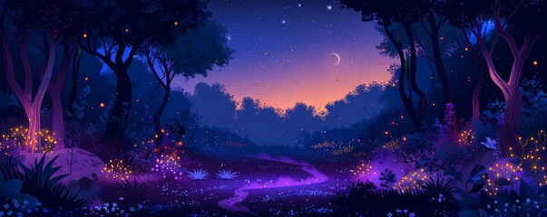 Obraz premium An enchanted forest where bioluminescent plants emit an otherworldly glow, illuminating the paths of weary travelers. illustration.