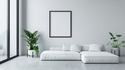 Mock up poster frame on the wall in living room interior, white couch, minimalist modern interior with 3d illustration. 