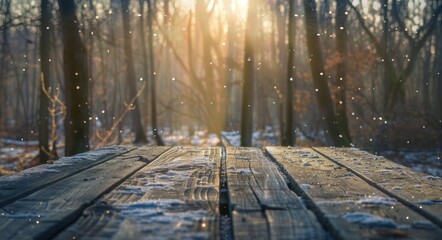 Wooden Table Winter. Natural Wooden Table in Forest Setting with Winter Snow