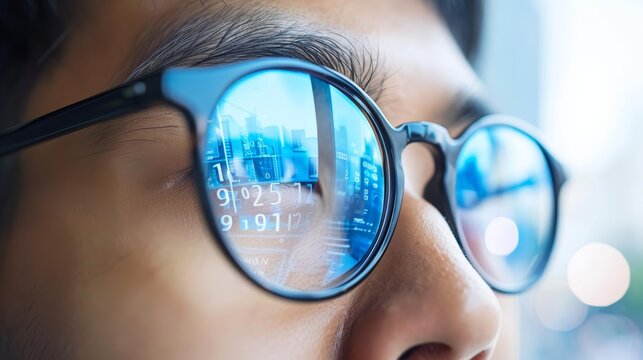 Reflection of data on programmer s eyeglasses while working with big data on computer