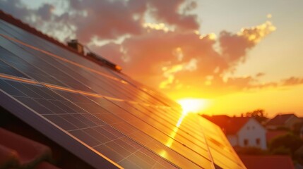 Fototapeta premium Sunset over the roof of house with photovoltaic panels 
