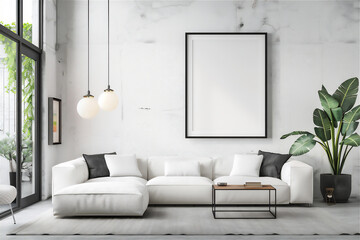 Mock up poster frame on the wall in living room interior, white couch, minimalist modern interior with 3d illustration. 