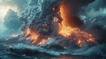 The image shows a large volcanic eruption in the middle of the ocean, with lava flowing into the water and a large plume of smoke and ash rising into the sky.