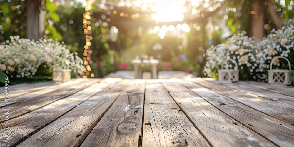 Poster White wooden table top with blur background of wedding garden illustration