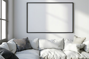 Mock up poster frame on the wall in living room interior, white couch, minimalist modern interior with 3d illustration. 