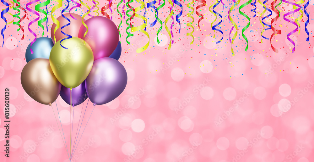 Aufkleber Bunch of colorful balloons on blurred pink background with different colored confetti and streamers for party time. Empty space for text. 3d rendering