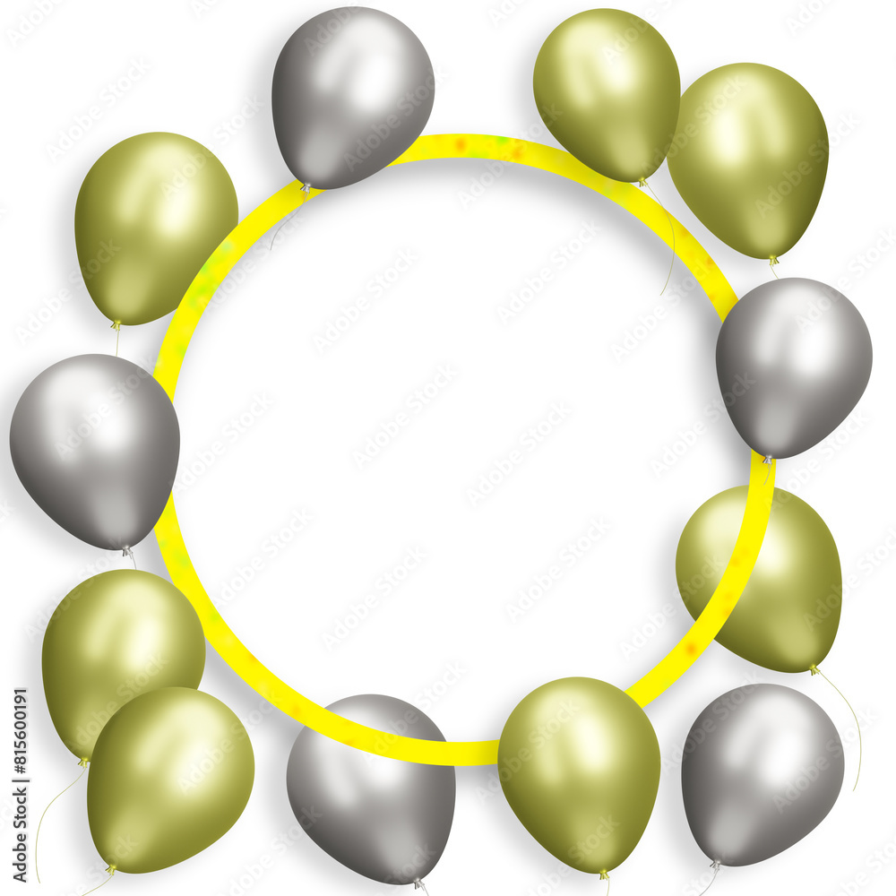 Aufkleber Red round frame with gold and silver balloons on white background. Empty space for text. 3d rendering