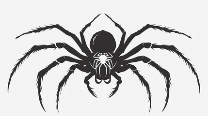 Spider silhouette flat design, front view, spider theme, cartoon drawing, black and white