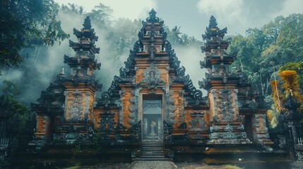 Obraz premium The majestic temple is shrouded in mist, creating a mystical and serene atmosphere.