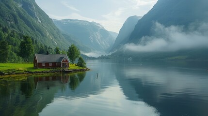 Fototapeta premium The mountains are reflected in the calm water of the fjord. There is a small cabin on the shore of the fjord. The sky is cloudy.