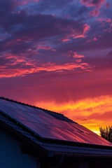 Sunset over the roof of house with photovoltaic panels 