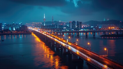 The night view of the city from the bridge is very beautiful. The lights of the city are reflected on the river, like a