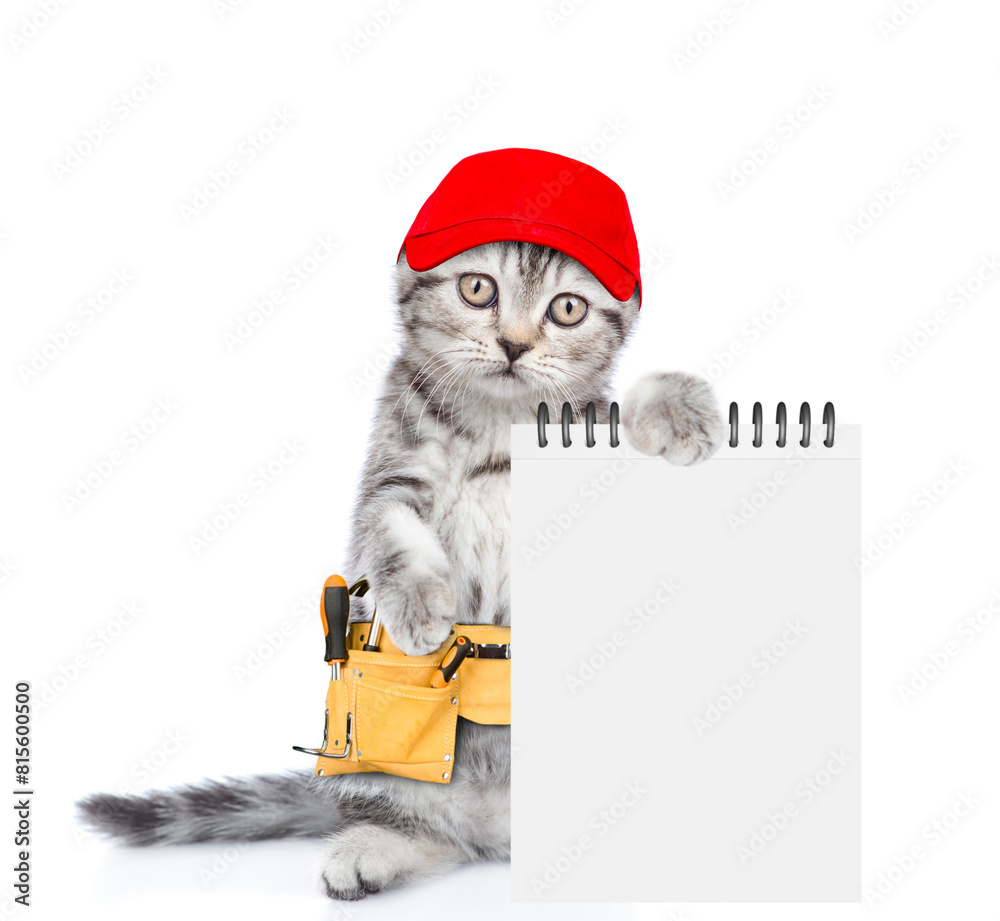 Aufkleber funny cat wearing red cap and toolbelt shows blank notepad. isolated on white background
