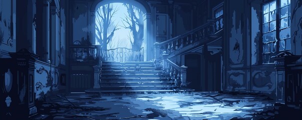 A paranormal scene set in an abandoned mansion, where ghostly apparitions wander the halls and mysterious whispers echo through the empty rooms.   illustration.