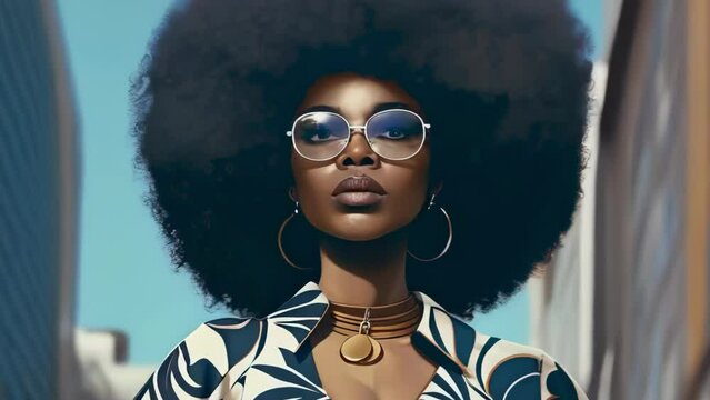 beautiful gorgeous pretty fashion afro model strong woman portrait in comix cartoon style - 4K stock Video Animation footage